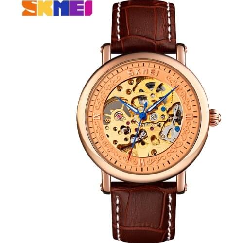 SKMEI Leather Mens Automatic Watches Classical Mechanical Watch Mechanical Gear Hollow Movement Clock Luxury Wristwatch