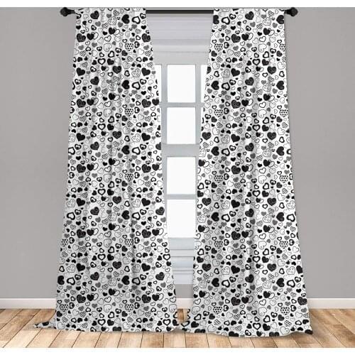Hearts Curtains Monochrome Love Theme with Various Art Styles Swirls Polka Dots Lines Scars Window Drapes for Living Room