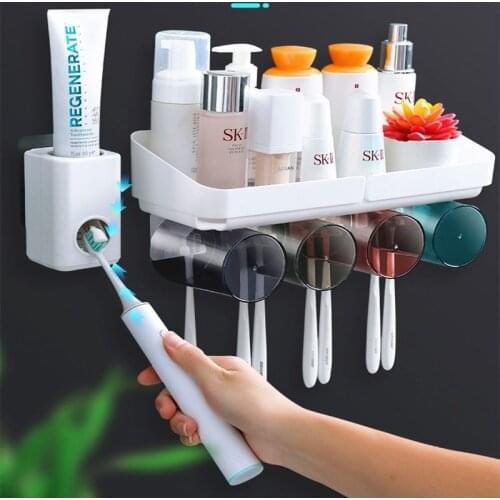 Cup & Tumbler Holders Set Punch-free Wall Hanging Cup Toothbrush Storage Bathroom Fixture Accessories Plastic Shelf E11753