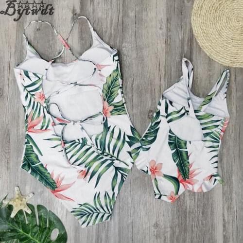 Mother Daughter Bikini Sets Matching Girl Women Floral Print Palm Leaves Swimwear Summer Swimsuit Beachwear Plus Size