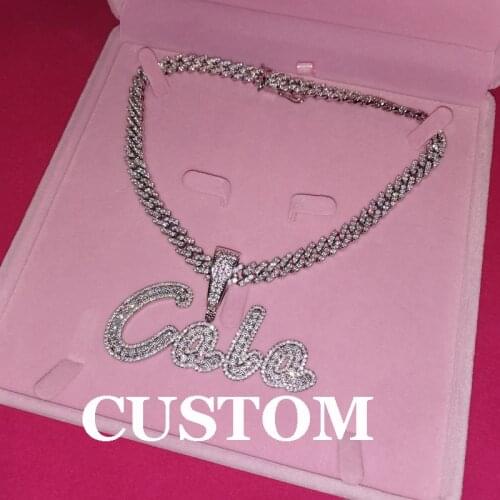 Grandbling Custom Brush Cursive Letter Name Necklace With 9 MM Cuban Chain CZ Personalized Words Pendant Hiphop Jewelry