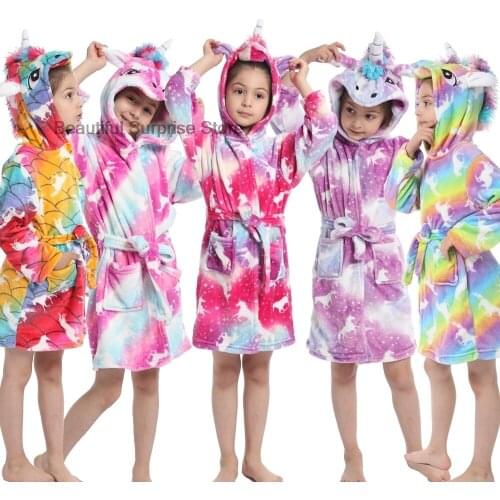 Baby Robe Cartoon Hoodies Unicorn Girl Boys Sleepwear Bath Towels Kids Soft Bathrobe Pajamas Childrens Clothing Costumes