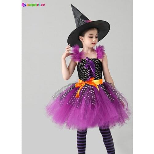 Classic Witch Girls Tutu Dress with Hat Child Halloween Costume Cosplay Carnival Party Princess Kids Wicked Witch Tulle Dresses