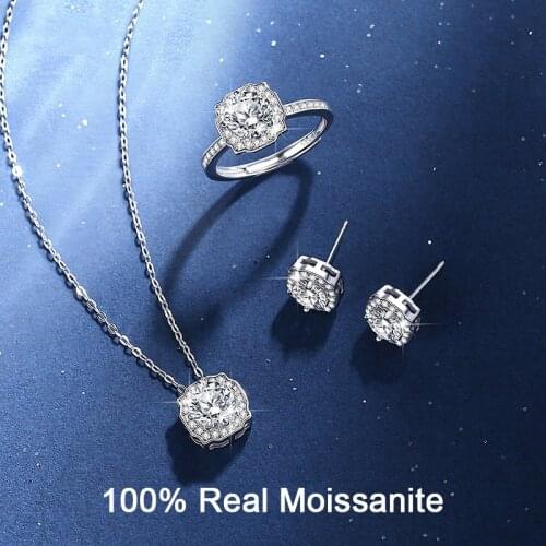 Sterling Silver Luxury Bridal Jewelry Set 1ct D Color Moissanite Necklace Earring Ring Set Wedding Jewelry Set Women Men Gift