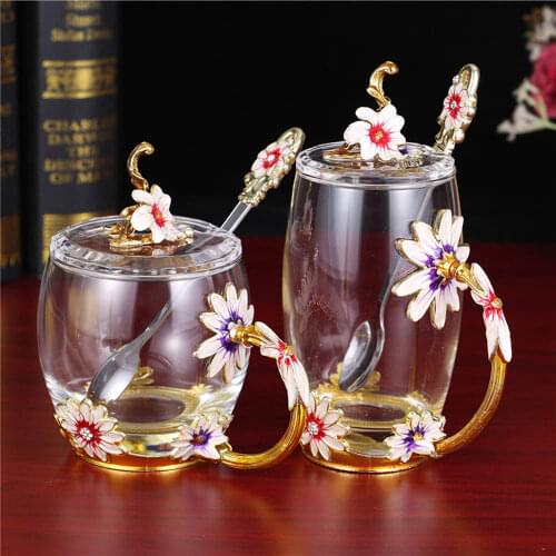 Creative Enamel Colored Lead-Free Glass Water Mug Spoon Heat Resistant Water Cup Home Office Coffee Cup Tea Mug Wedding Gift