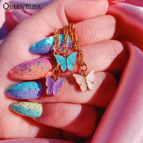 QUEEN ELISA Acrylic Butterfly Pendant Necklace for Women Girl Colorful Cute Korean Clavicle Chain Necklace 2021 New Jewelry