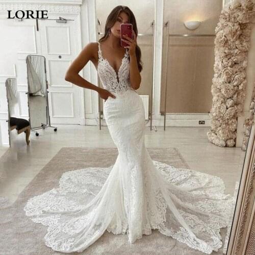 LORIE Lace Mermaid Wedding Dresses 2021 Spaghetti Strap Soft Tulle Backless Bridal Gowns Sleeveless Vintage Country Wedding Gown