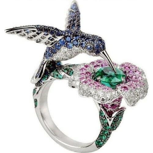 Fashion Charm Womens Silver Plated Crystal Rhinestones Bird Flower Ring Wedding Engagement Jewelry Gift #267974