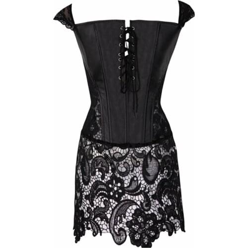 Fashion Lace Straps Artificial Leather Corset Dress S-6XL Sexy Clubwear Costume Back Zipper Women Overbust Corset and Bustier