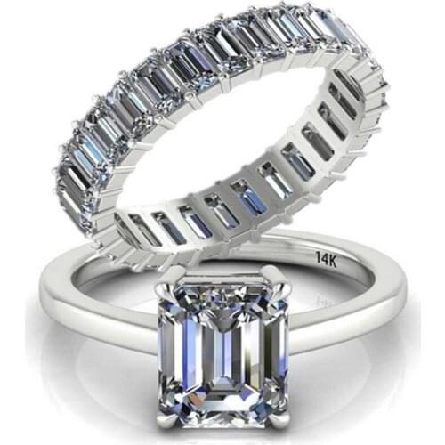 Ofertas Hot Sale 2pcs/set Square White Crystal Zircon Round Ring Set for Women Engagement Party Wedding Rings Jewelry Size 7-11