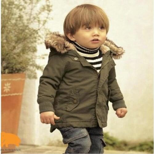 NEW Kids Boys Padded Winter Warm Outwear Baby Boys Winter Jacket in Army Green Thick Removable Fur Hooded Warm Coats