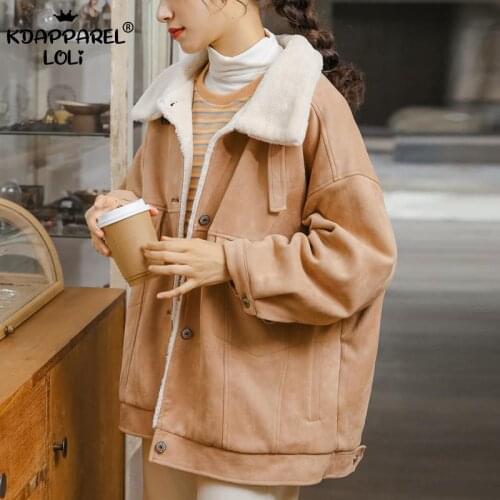 Autumn Winter Womens Coat Faux Suede Fur Collar Teddy Top Oversized Aviator Motor Jackets Imitation Lambswool Female Spring New