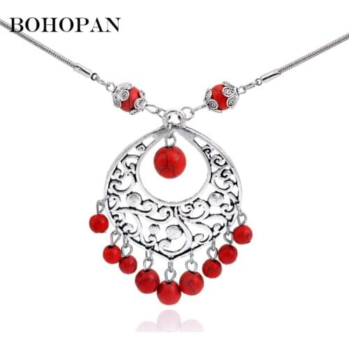 Ethnic Tassel Necklace Women Vintage Hollow Out Pendant Silver Adjustable Chain Red Blue Beads Design Long Statement Necklace