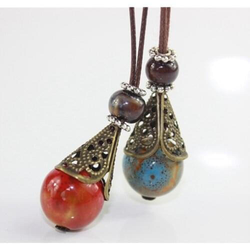 Ethnic Style Jewelry Necklace Simple Vintage Ceramic Beads Pendant Long Sweater Chain Women Accessories