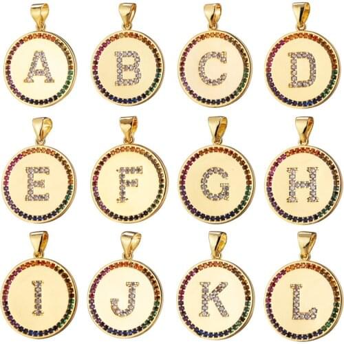 DIY Round Coin Charms Letter With Rainbow Cubic Zirconia Pendants For Women Handmade Necklace Bracelet Finding Jewelry Supplies