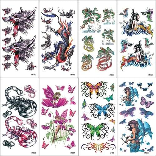 Watercolor Wolf Dragon Bird Men Fake Tattoo Sticker Temporary Waterproof Flower Butterfly Women Girl Body Art Painting Tatuagem