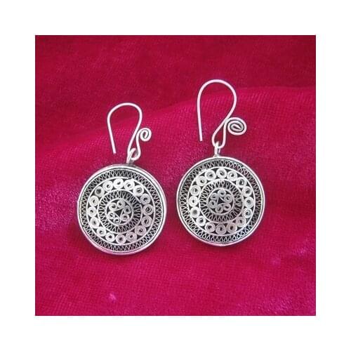 Traditional ancient method pinch filament process retro palace earrings handmade Miao silver double-sided copper drum earrings