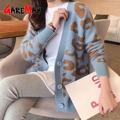 2021 Autumn Winter Knitted Leopard Sweaters Women Korean V Neck Thick Print Cardigan Long Coat Casual Loose Button Outwear Tops