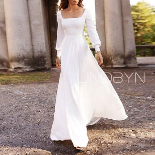 Bridal Dresses Wedding Dress boho 2021 White Simple Satin Fabric Square Neck Long Sleeves A-Line Floor Length Wedding Dress
