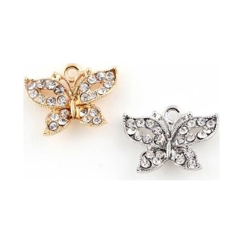 20PCS/lot 23x17mm (Gold,Silver Color) Rhinestones Butterfly Pendant DIY Accessory Charms Fit For Floating Locket