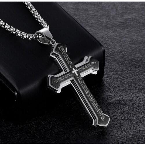 Stainless steel Black silver Three Tier Bible Cross Pendant Mens Necklace Pendant 3mm 24 inches rolo chaiN