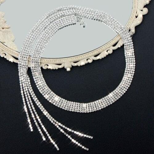 JUST FEEL 5 Layer Full Rhinestone Chain Necklace Jewelry for Women Statement Long Tassel Choker Crystal Collar Party Bijoux Gift