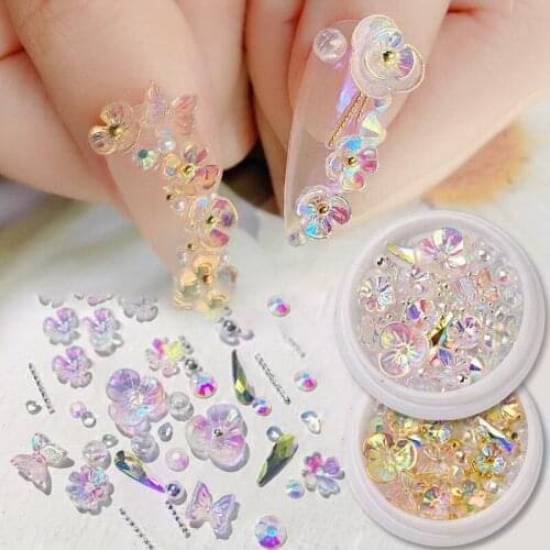 1 Box Colorful AB Crystal Nail Art Decorations Flower Butterfly Mix Metal Rivets Pearls DIY Nails Rhinestones Accessories