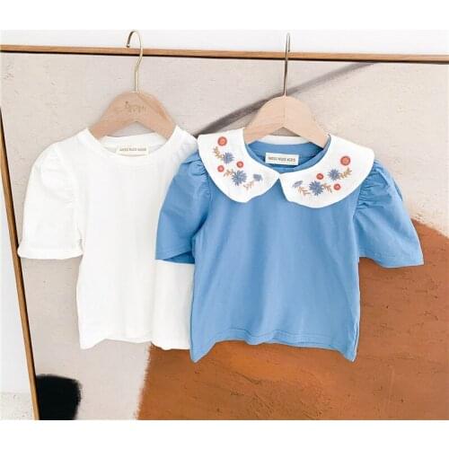 Childrens Clothing 2021 Summer New Arrival Baby Top Basic Shirt 100% Cotton Girls Short-Sleeve T-Shirt Solid Puff Blouse Tees