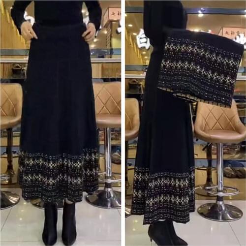 Chic Long Wool Pleated Skirt Winter For Woman Autumn Oversized High Waist Slim Black Print Sweater Knit Jupe Elegant Falda y1158