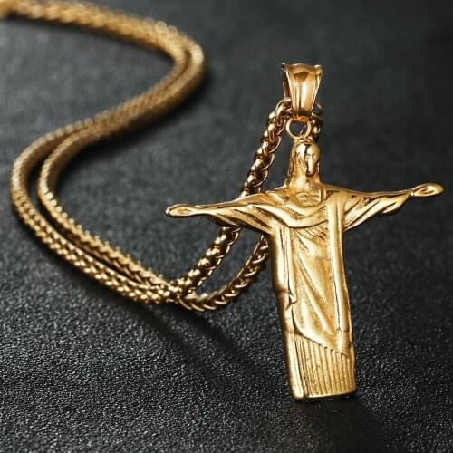 Christ Redeemer Portrait Cross Pendant Necklace Rio Brazil Jesus Statue Stainless Steel Chain Necklace Cristo Redentor Jewelry