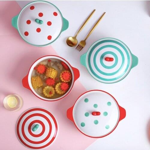 Nordic Ceramic Salad Bowl With Handle Lid Big Cereal Fruit Bowl Candy Color Dessert Soup Big Bowl Microwave Oven Special