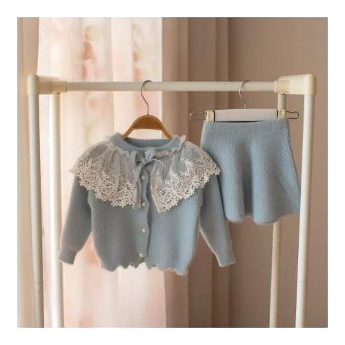 Baby girls Clothes set Lace Wool Sweater suit for girl Autumn Spring Kids 2 pcs Clothing Children outfits Shirt skirt Outerwear