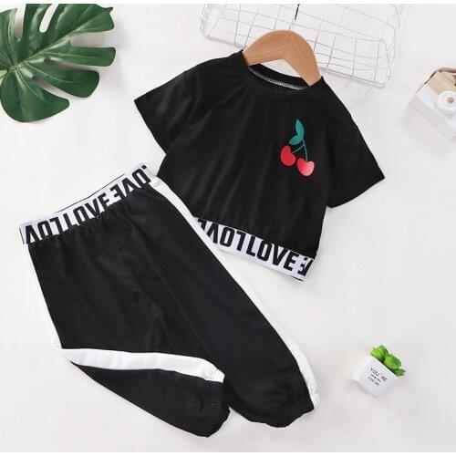 NEW Girls Short-Sleeved Suit Childrens Leaking Belly Button Summer Clothes Casual Outits Baby 2-8 Years Old Cute Tops+Pants Set