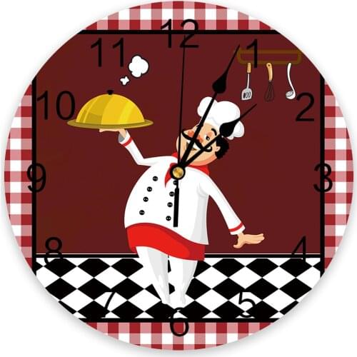 Red Plaid Chef Knife And Fork Round Wall Clock Modern Design Home Living Room Decoration Childrens Room Kitchen Table Clock