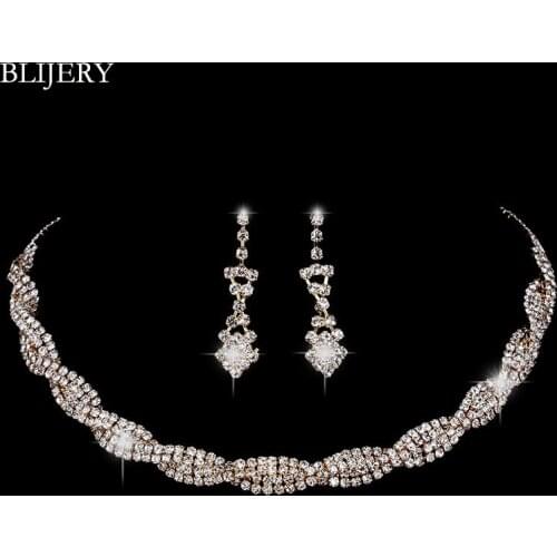 BLIJERY Gold Color Crystal Bridal Jewelry Set Rhinestones Twisty Choker Necklace Earrings Set For Women Wedding Jewelry Set