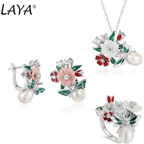Laya 925 Sterling Silver High Quality Zircon Natural Pearl Shell Flower Leaf Enamel Ring Necklace Drop Earrings Sets For Women