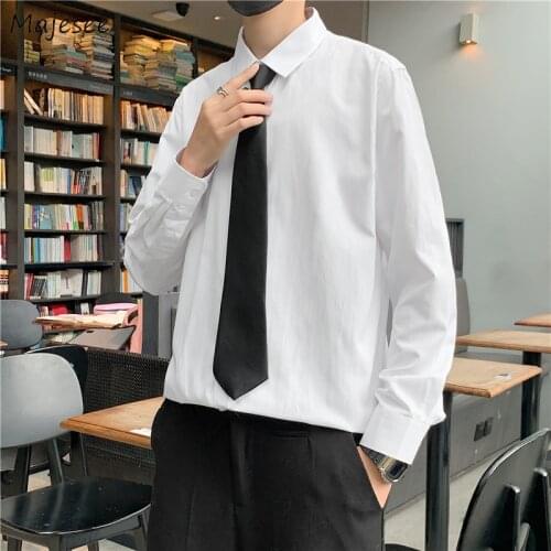 Social Casual Shirts Men Plus Size S-3XL Formal Business Long Sleeve Tops with Tie Autumn Male Solid Chic Loose 6-colors Gentle