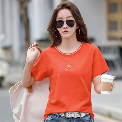 2021 New Style CottonLoose Large Size Short-sleeved Tshirt Female Summer Thread Embroidery Blouse Round Neck High Quality