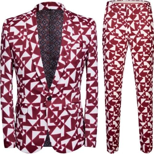 New Checkered Printed Suits Men Red Slim Fit 2 Pieces Suit Set Blazers Singer Costume Mariage Casual Nightparty Bar Mens Suits