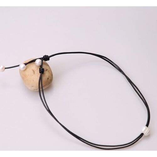 Ambrum Big Pearl choker necklace,Genuine Leather Jewelry,Pearl Leather Necklace,Freshwater White Pearls Chokers Girls Jewelry