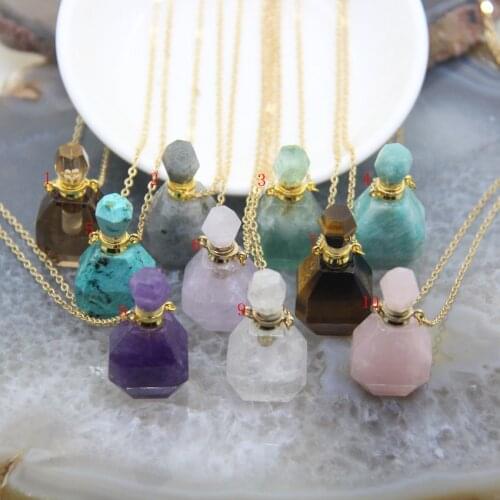 Natural Gemstone Faceted Perfume Bottle Pendants For Women Gift,Healing Crystal Quartz Essential Oil Diffuser Vial Keepsake