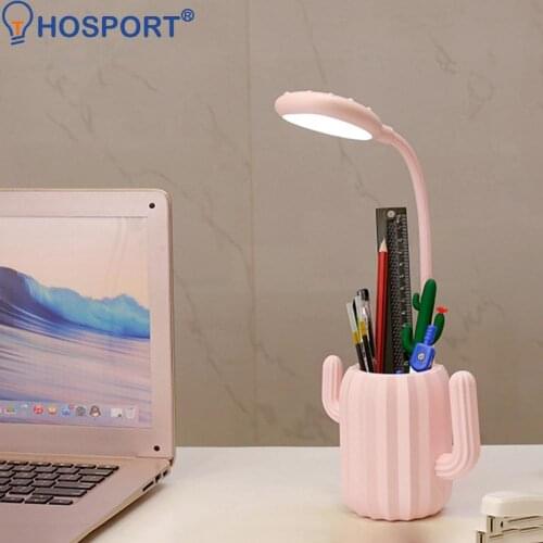 Folding Desk Lamps LED Cactus Lamp Gooseneck USB Charging Table Lamp 3-Gear Night Light with Pen Holder for Students