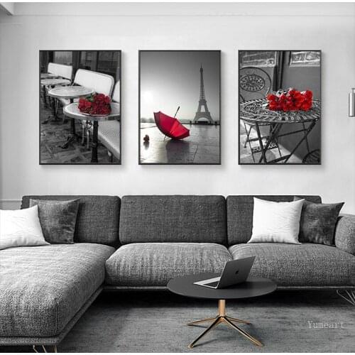 Modern Red Rose Flower Canvas Painting Landscape the EiffeL Tower in Paris Poster Wall Picture Living Room Home Decor Artwork