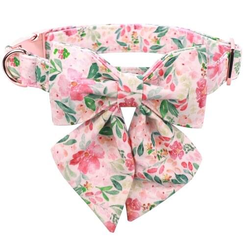 Unique style paws Spring Flory Pink Dog Collar Puppy Collar with Bowtie Adjustable Dog Collar Pet Gift for Small Medium Large