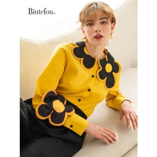 2021 Spring and Autumn Women Embroidery Detachable Flower Thin Cotton Shirt