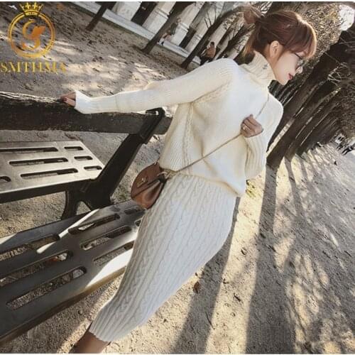 SMTHMA High Quality Woman Long Sleeve Turtleneck Knitted Pullover Sweater +Elastic waist 2 Piece Women Split Skirt Set