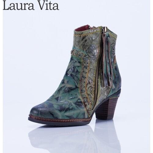 Laura Vita Genuine Leather Ankle Boots Women Shoes Vintage Printed Winter 2019 Women Boots Block Heels