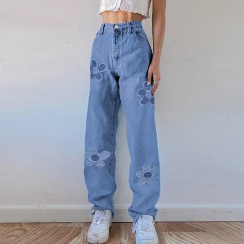 Women Y2K Aesthetic High Waist Jeans Flower Pattern Loose Straight Leg Denim Pants E Girls 90s Vintage Streetwear for Teen Girls