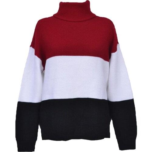 Women Turtleneck Color Block Sweater Loose Pullover Knit Jumper Turtleneck pullover knit stitching color high neck long sleeve