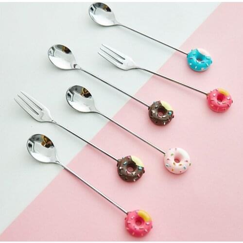 1PC Donut Cute Stainless Steel Doughnut Dessert Spoon Fork Coffee Ice Cream Candy Kitchen Flatware Baby Kids Dinnerware